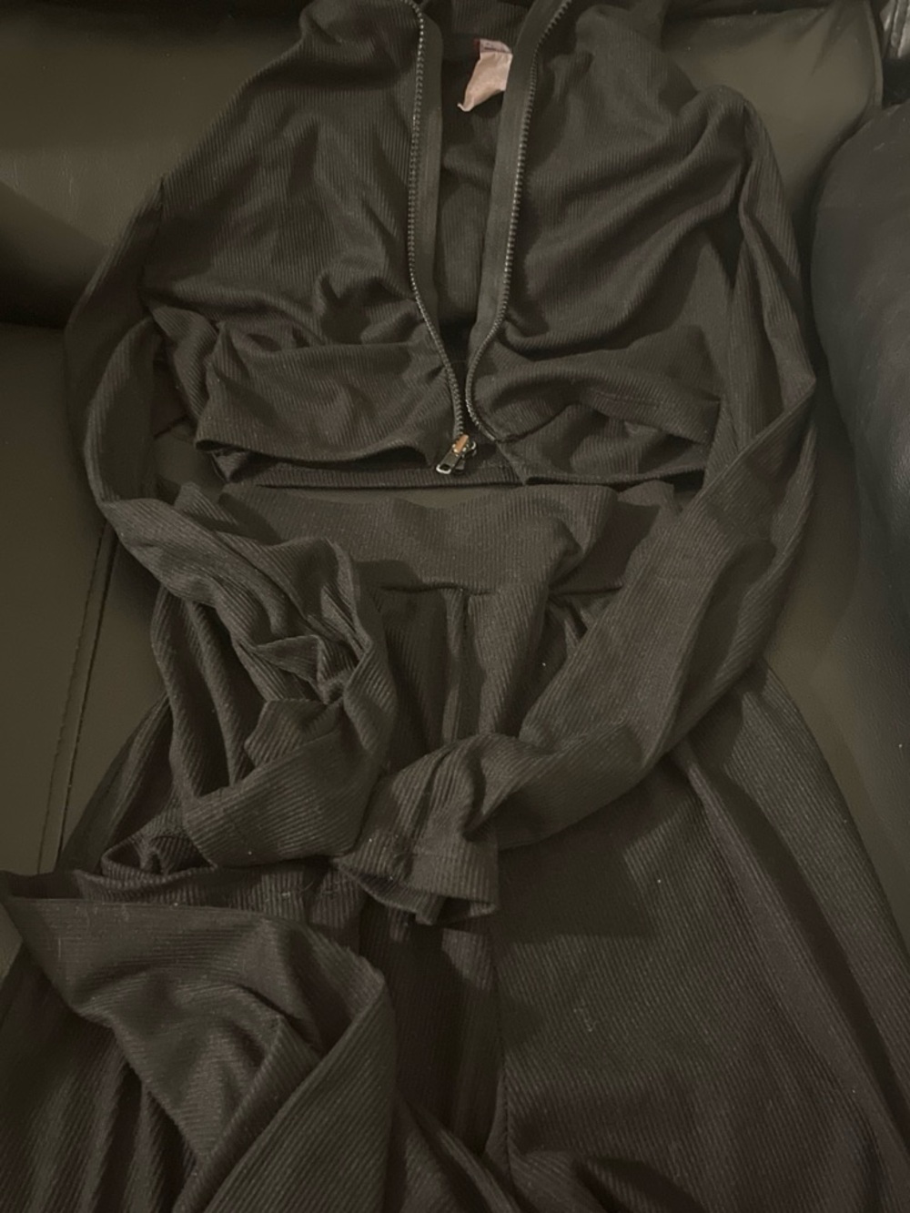 Black Ribbed Zip-Front Hoodie Dress Medium